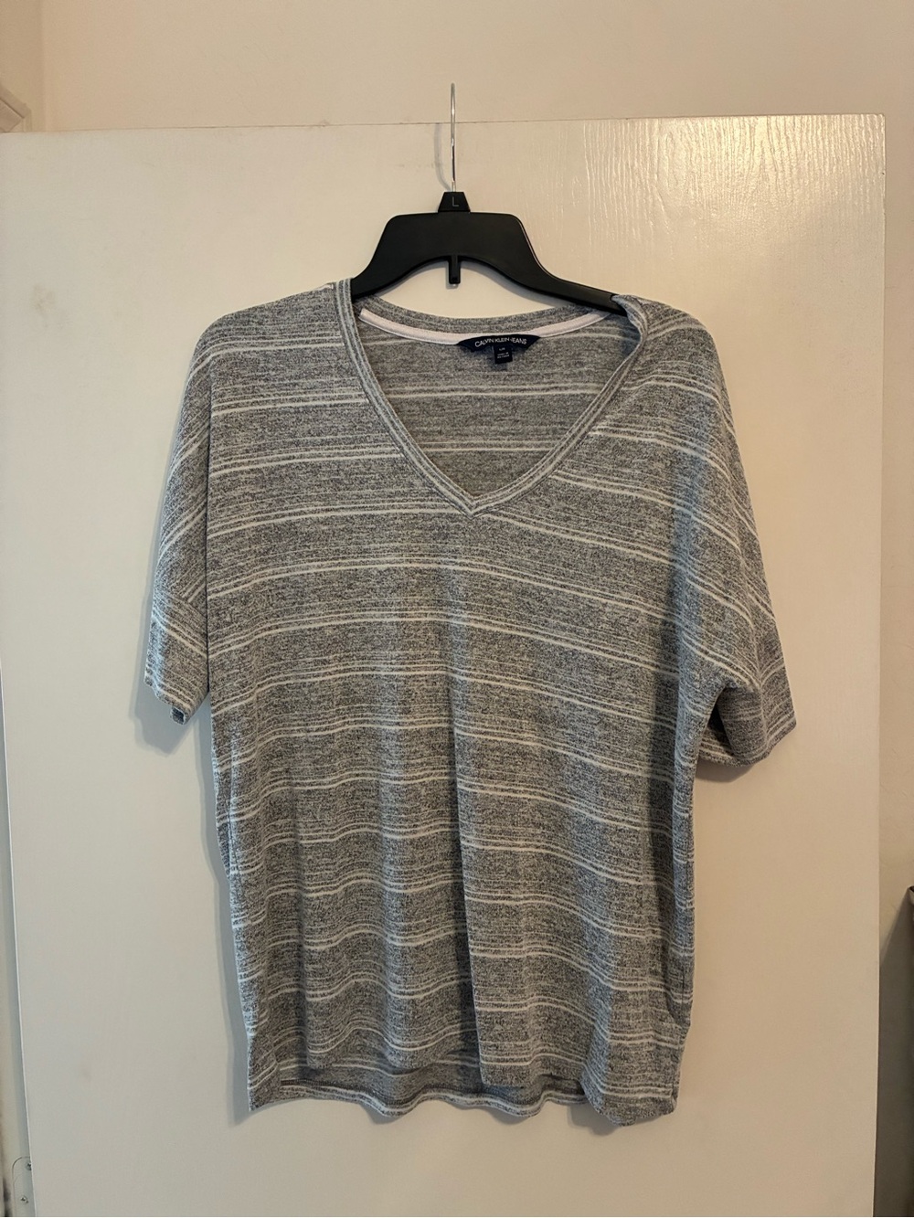Calvin Klein Heather Gray & White Striped V-Neck Knit Top